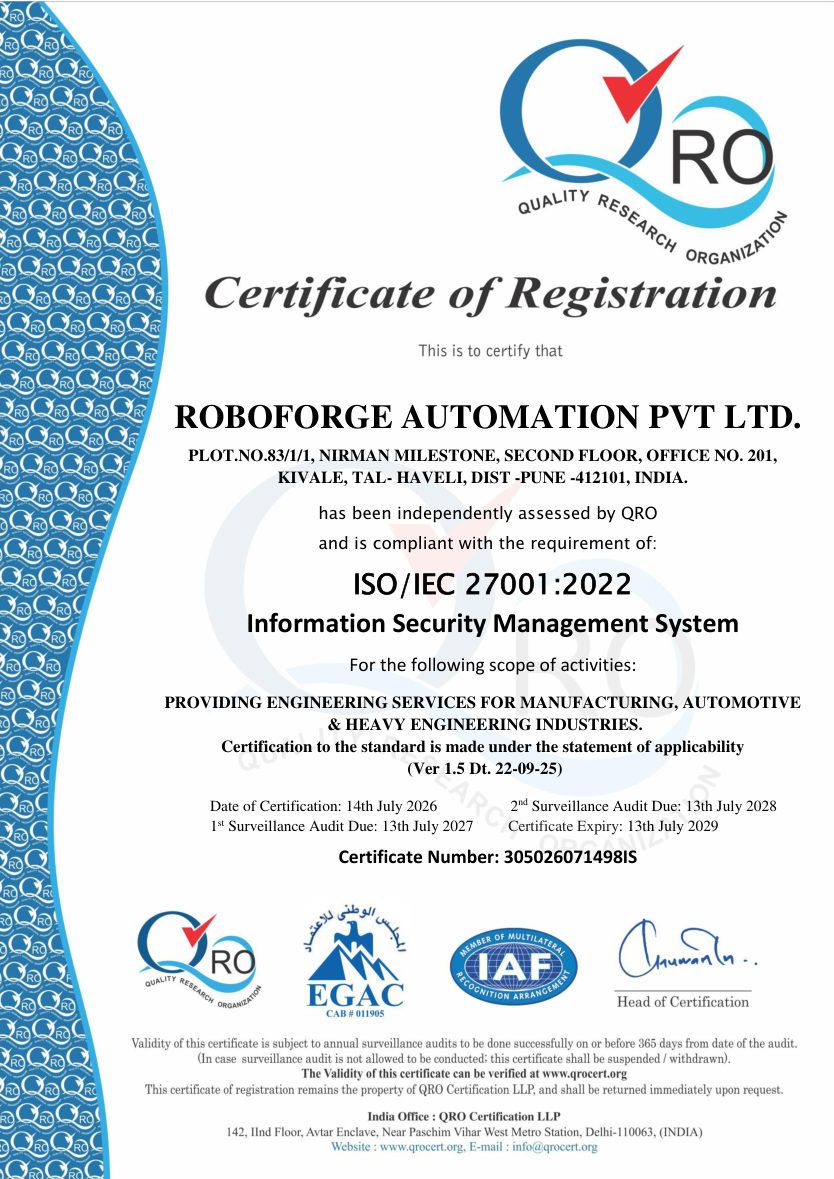 Roboforge Automation ISO/IEC 27001:2022 Certificate of Registration