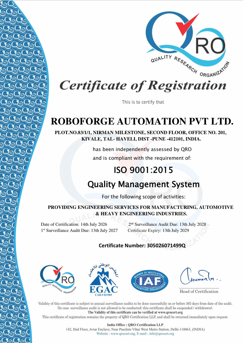 Roboforge Automation ISO 9001:2015 Certificate of Registration